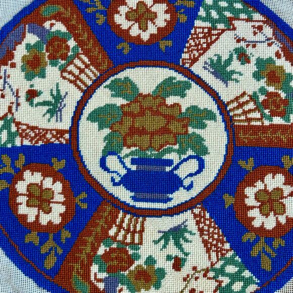 Vintage Round Floral Basket & Urn Needlepoint in Blue, Rust, & Ivory – Unframed - Picture 4 of 9